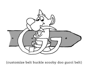 A silly illustration of a Gucci belt featuring Scooby Doo accompanies a Google search query that reads "customize belt buckle scooby doo gucci belt"
