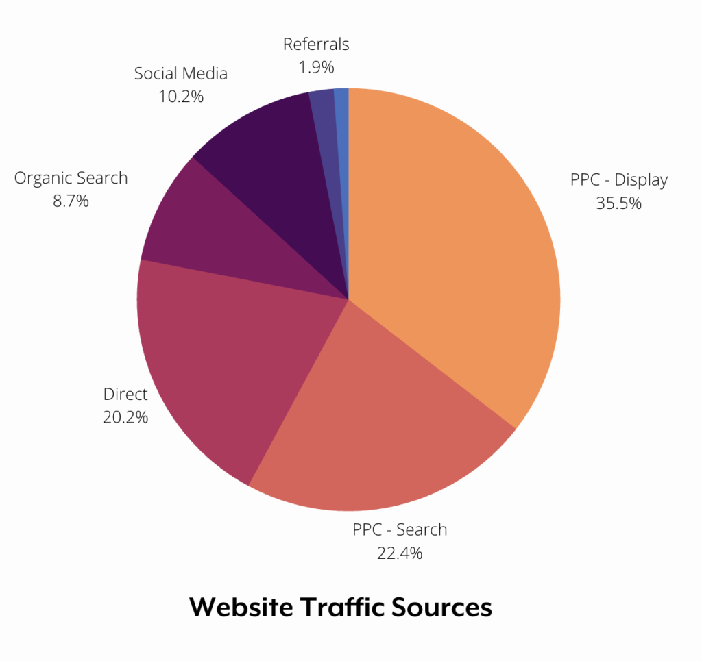 A pie chart showing a website's traffic sources, such as PPC and social media.